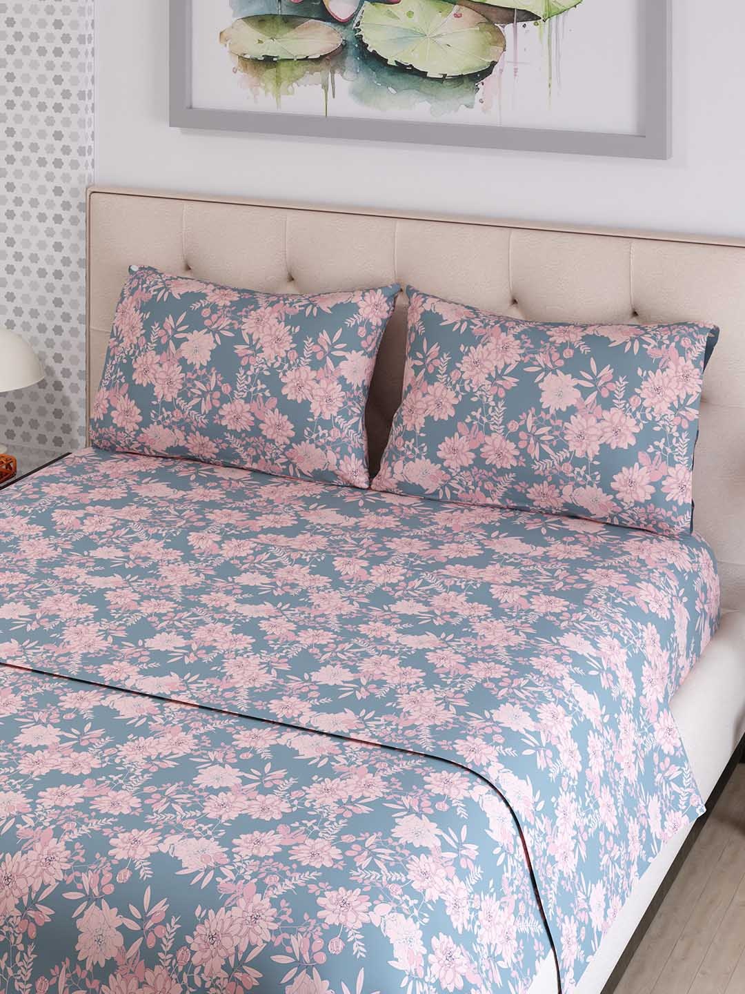 

Layers Emaline Pink & Grey Floral Cotton 144 TC Double Bedsheet with 2 Pillow Covers