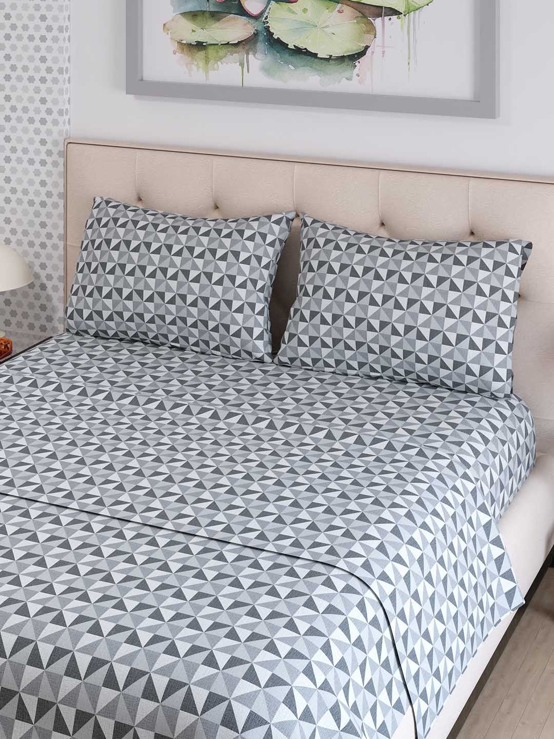 

Layers Emaline Grey & White Geometric Cotton 144 TC Double Bedsheet with 2 Pillow Covers