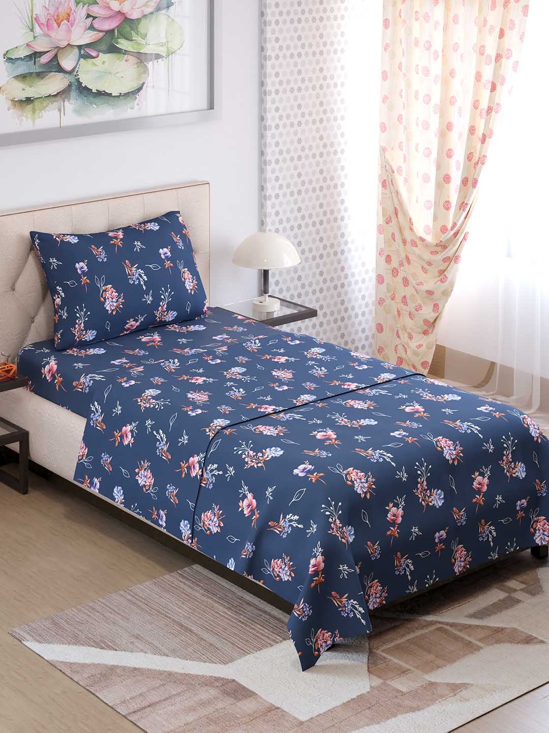 

Layers Emaline Blue & Pink Floral Cotton 144 TC Single Bedsheet with 1 Pillow Cover