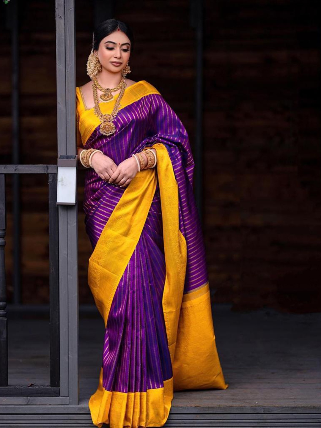 

Visit Wear Striped Woven Design Zari Kanjeevaram Saree, Purple