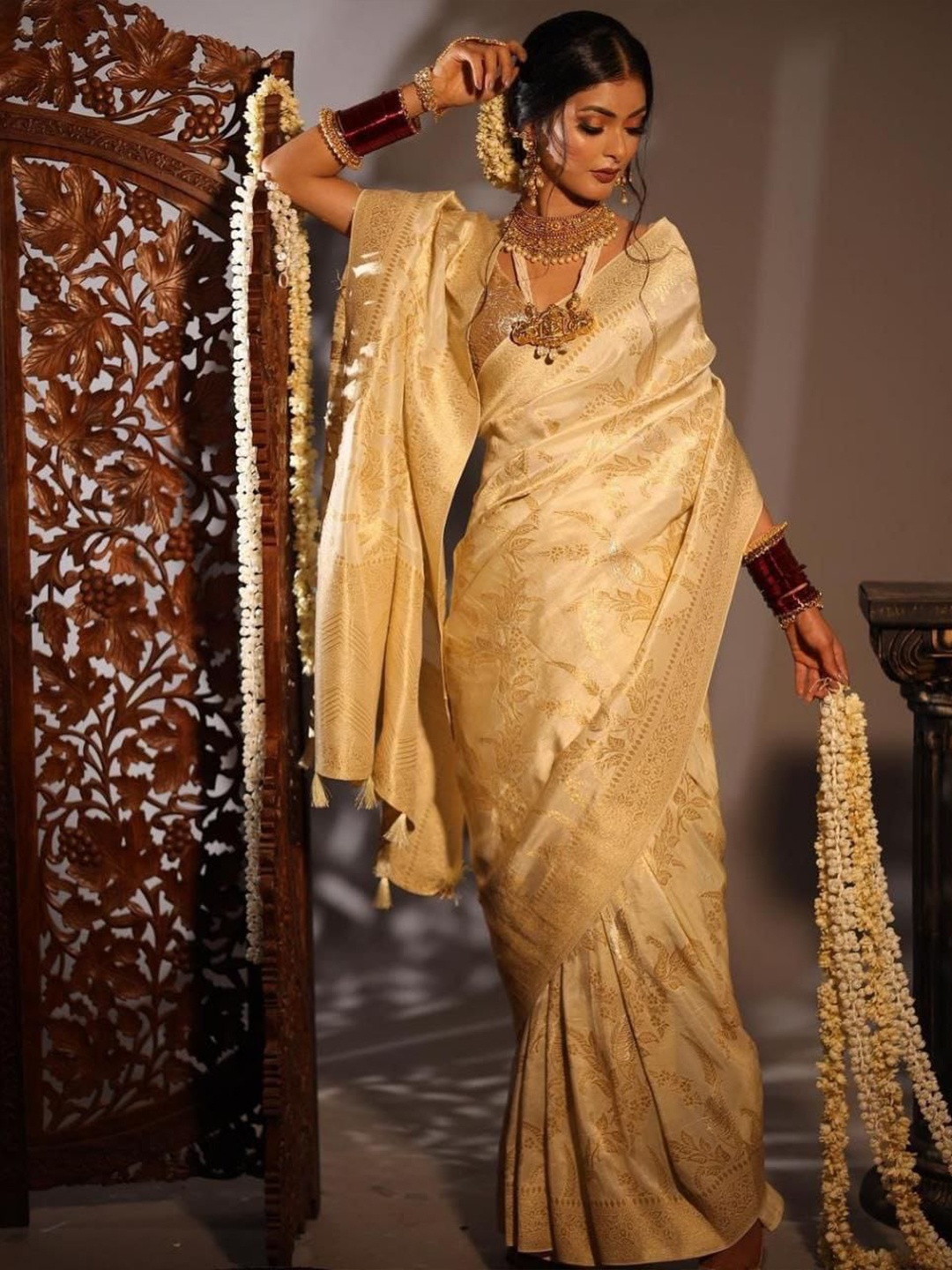 

Visit Wear Ethnic Motifs Woven Design Art Silk Banarasi Saree, Cream