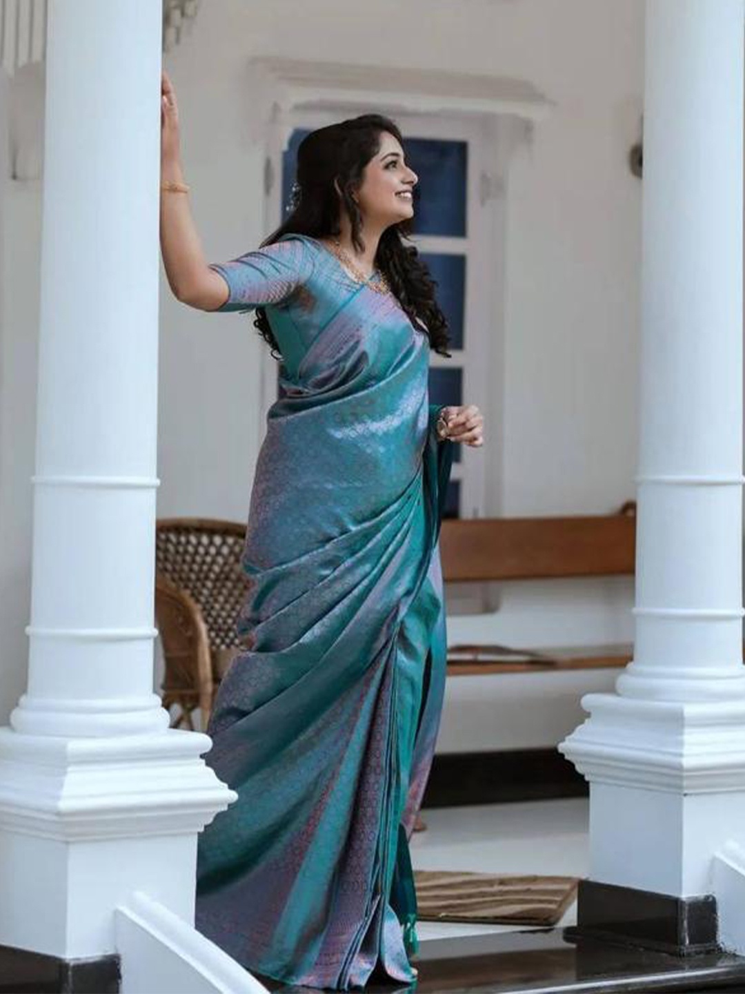 

Visit Wear Ethnic Motifs Woven Design Zari Kanjeevaram Saree, Teal