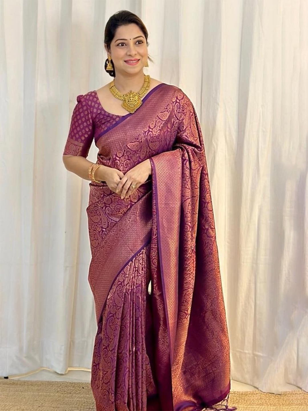 

Visit Wear Ethnic Motifs Woven Design Zari Kanjeevaram Saree, Purple