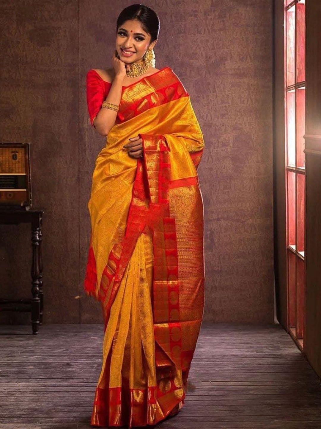 

Visit Wear Ethnic Motifs Woven Design Zari Kanjeevaram Saree, Yellow