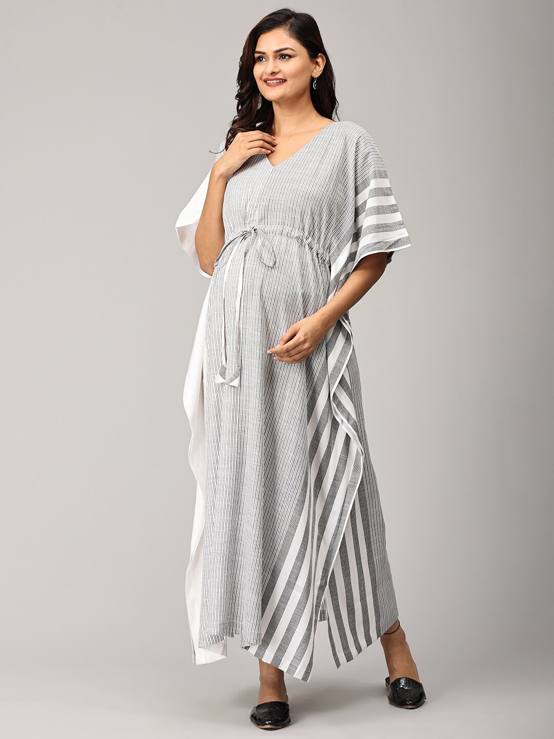 

The Mom Store Striped Pure Cotton Maternity Kaftan Nightdress, Grey