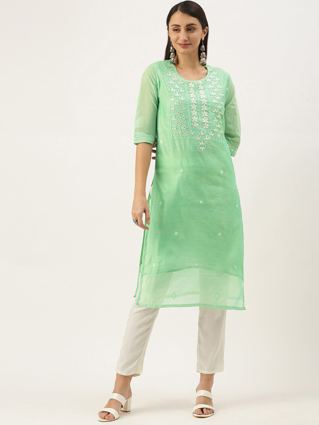 

SWAGG INDIA Embroidered Regular Gotta Patti Chanderi Silk Kurta with Trousers, Green