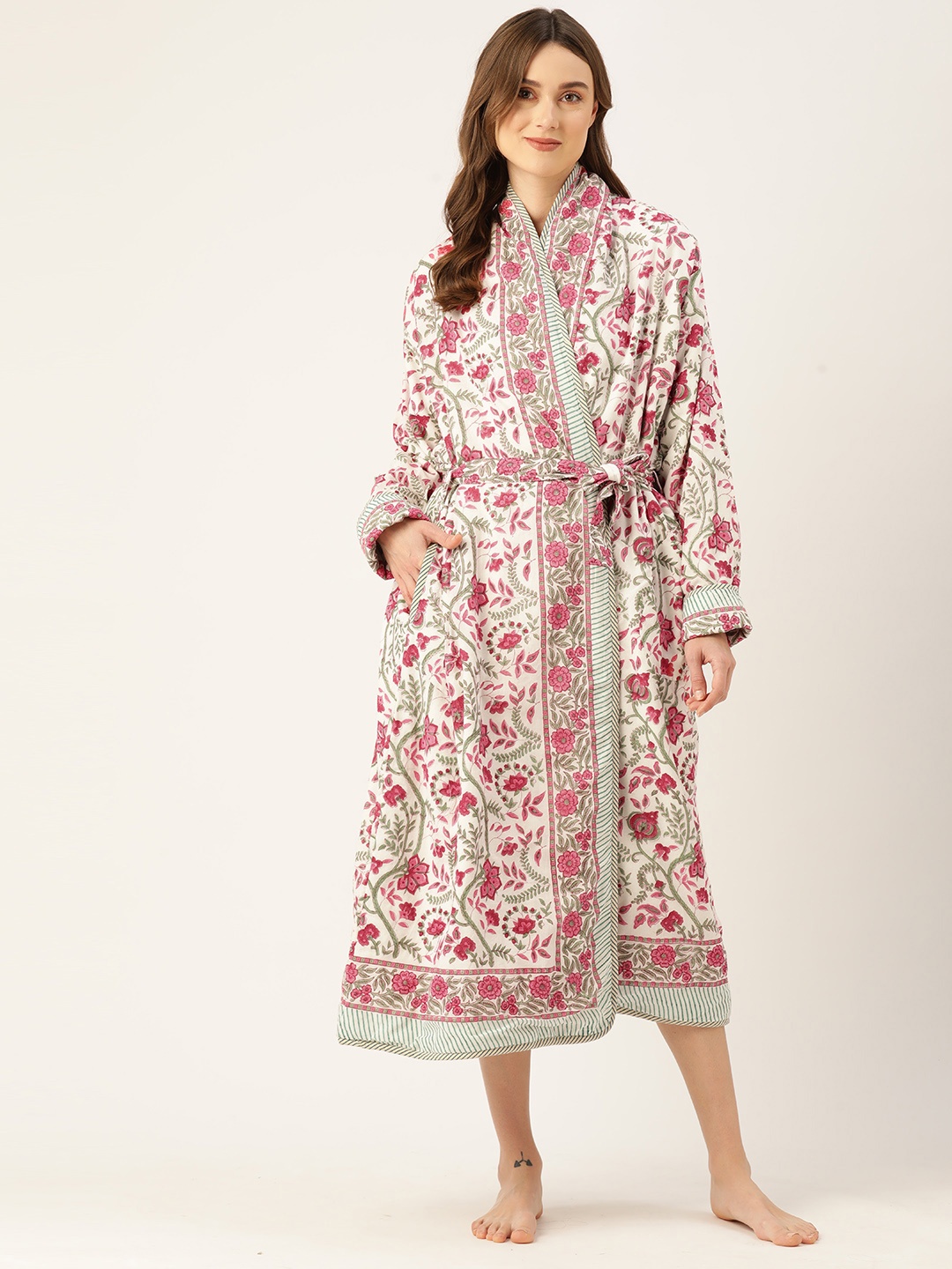 

Jaipur Morni Printed Quilted Reversible Pure Cotton Bath Robe, Pink