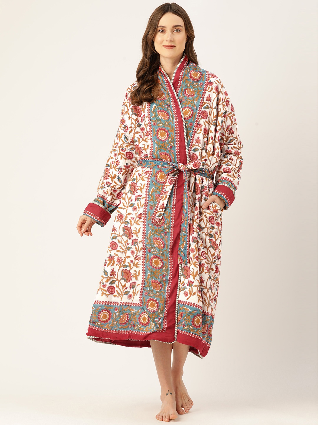 

Jaipur Morni Printed Quilted Reversible Pure Cotton Bath Robe, Green