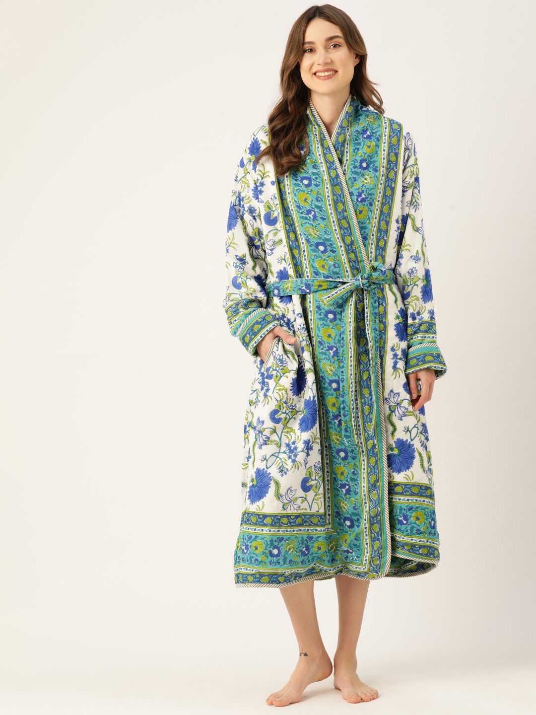 

Jaipur Morni Printed Quilted Reversible Pure Cotton Bath Robe, Teal