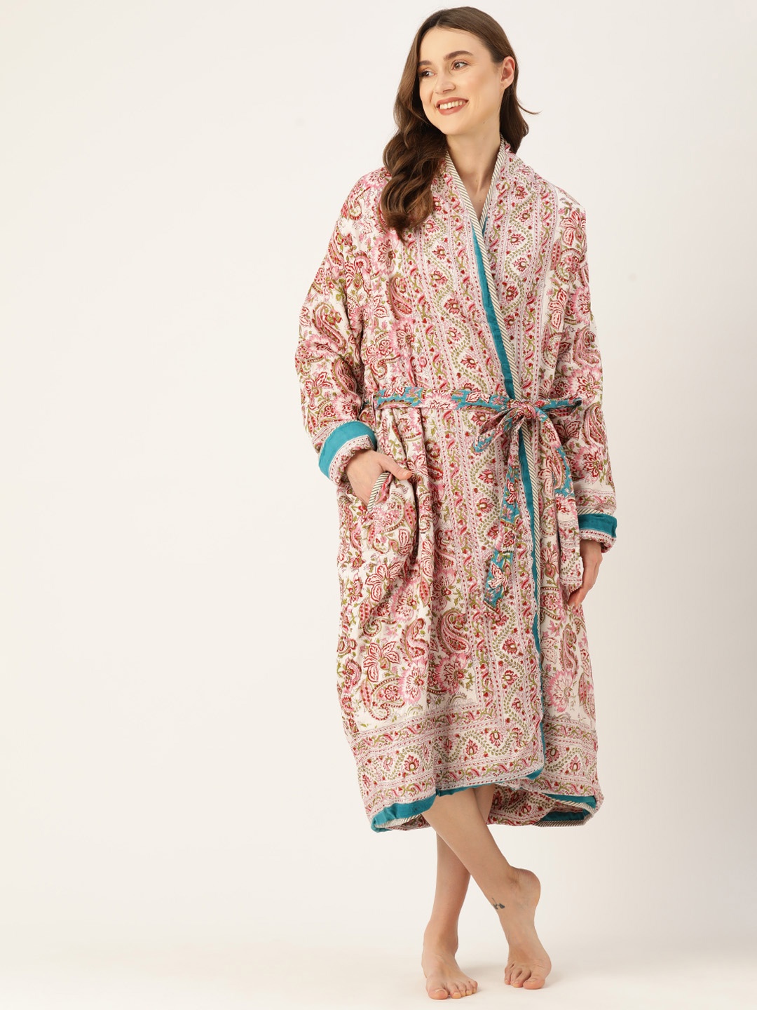 

Jaipur Morni Printed Quilted Reversible Pure Cotton Bath Robe, Teal