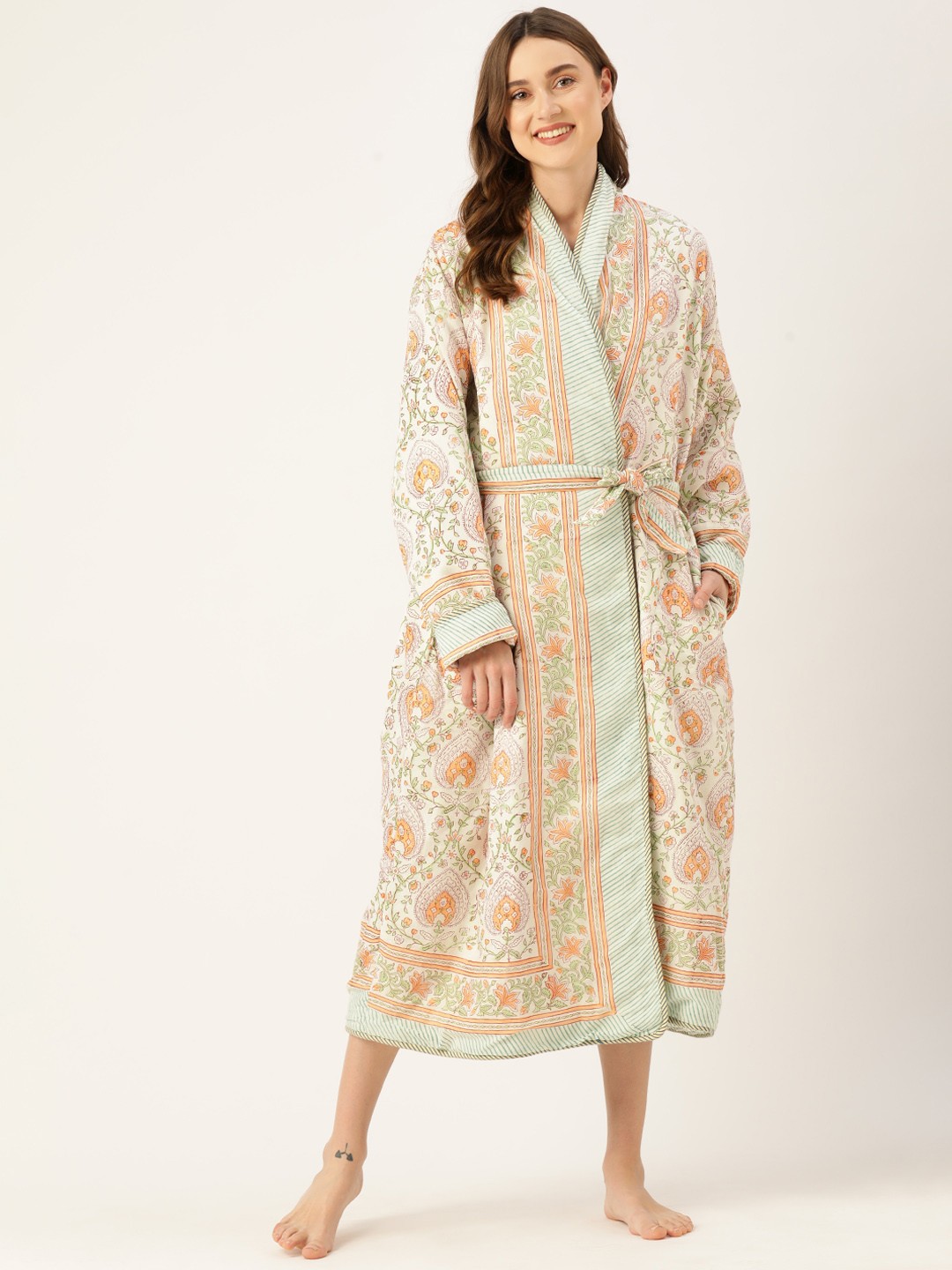 

Jaipur Morni Printed Quilted Reversible Pure Cotton Bath Robe, Peach