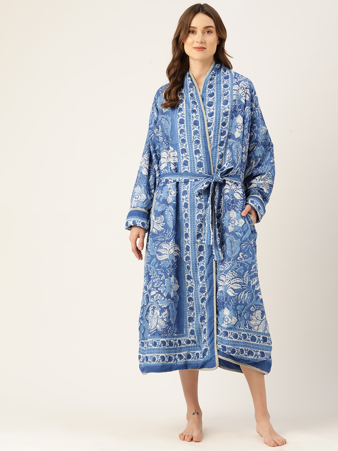 

Jaipur Morni Printed Quilted Reversible Pure Cotton Bath Robe, Blue