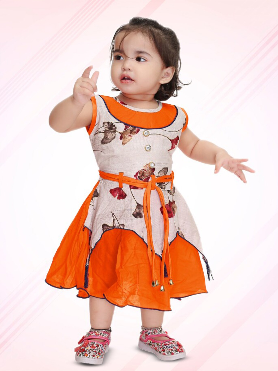 

BAESD Girls Floral Printed Round Neck Opaque Viscose Rayon Knee Length Dress, Orange