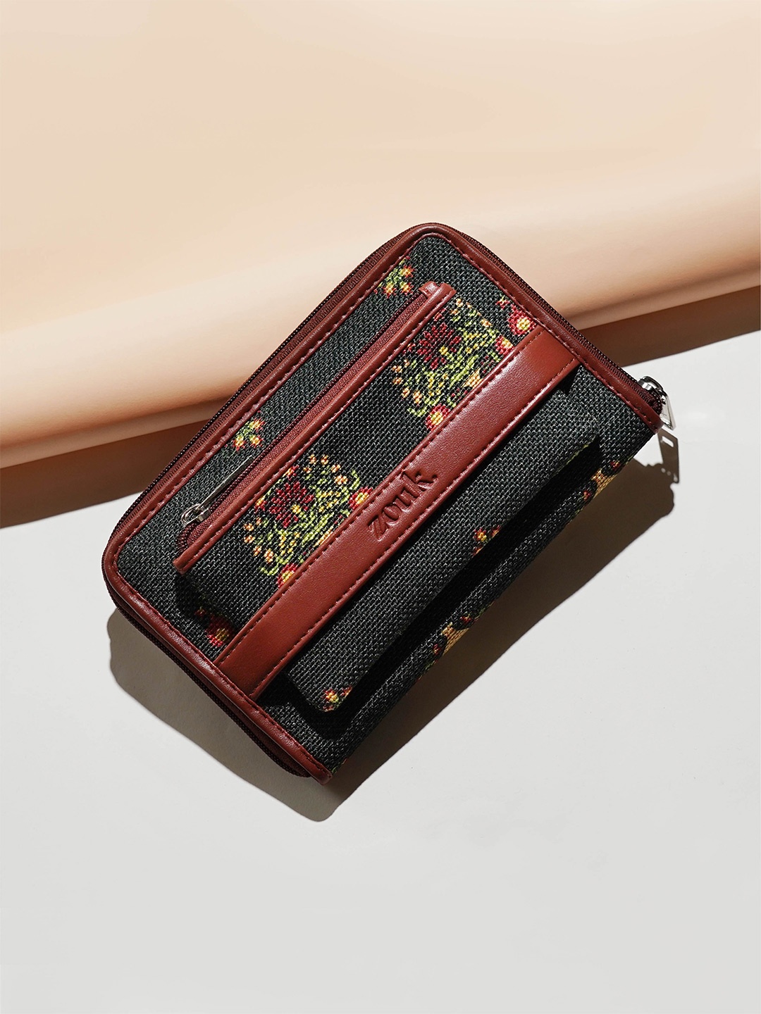 

ZOUK Women Floral Printed Vegan Leather Zip Around Wallet, Green