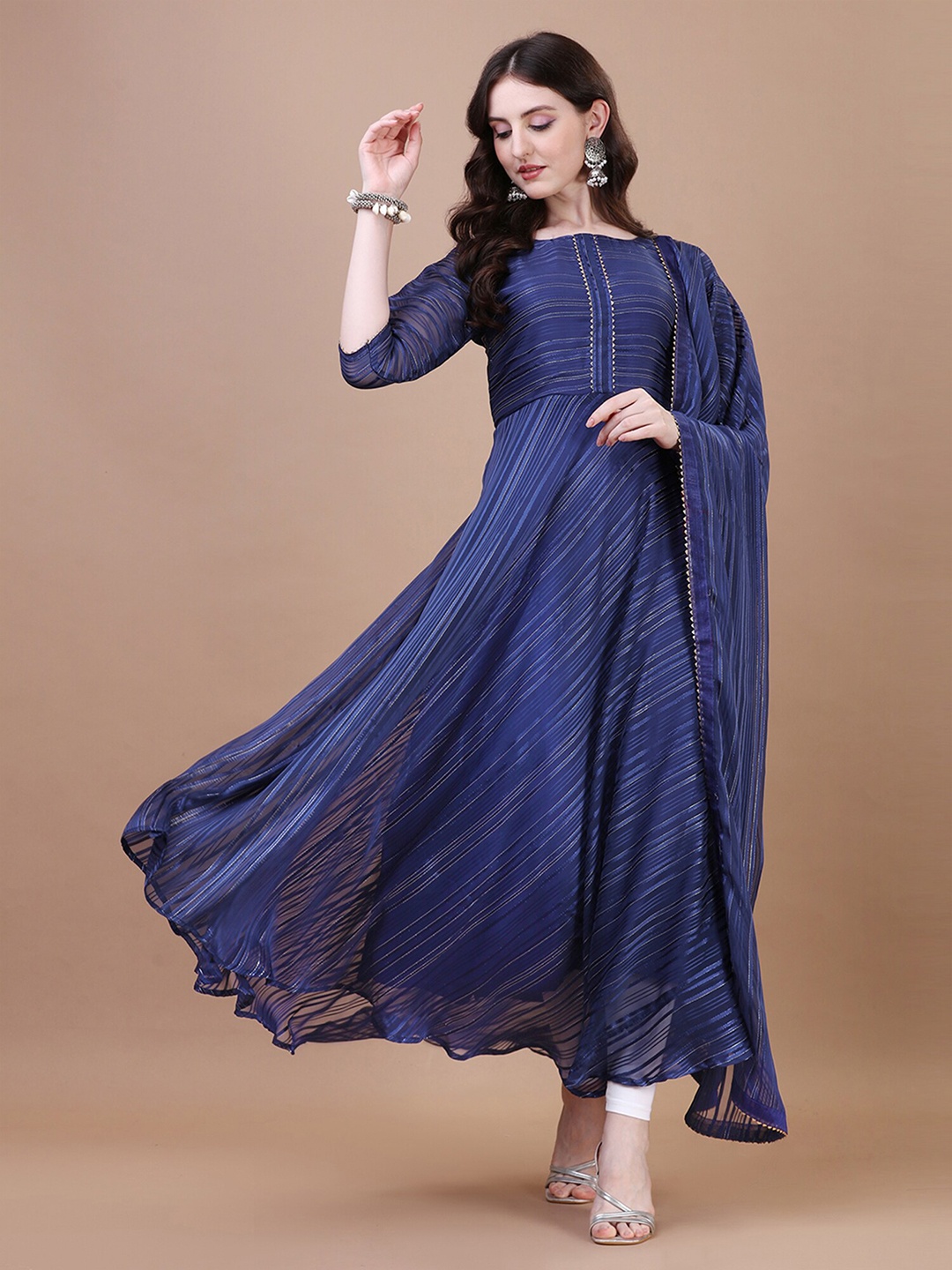 

N N ENTERPRISE Striped Printed Zari Work Silk Georgette Anarkali Kurta With Dupatta, Blue