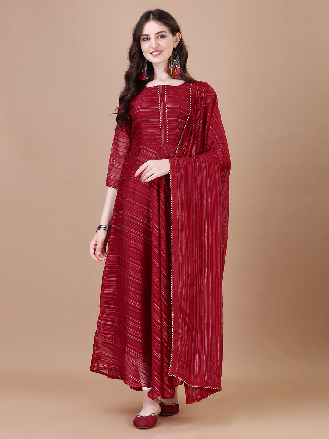 

N N ENTERPRISE Striped Printed Zari Work Silk Georgette Anarkali Kurta With Dupatta, Red