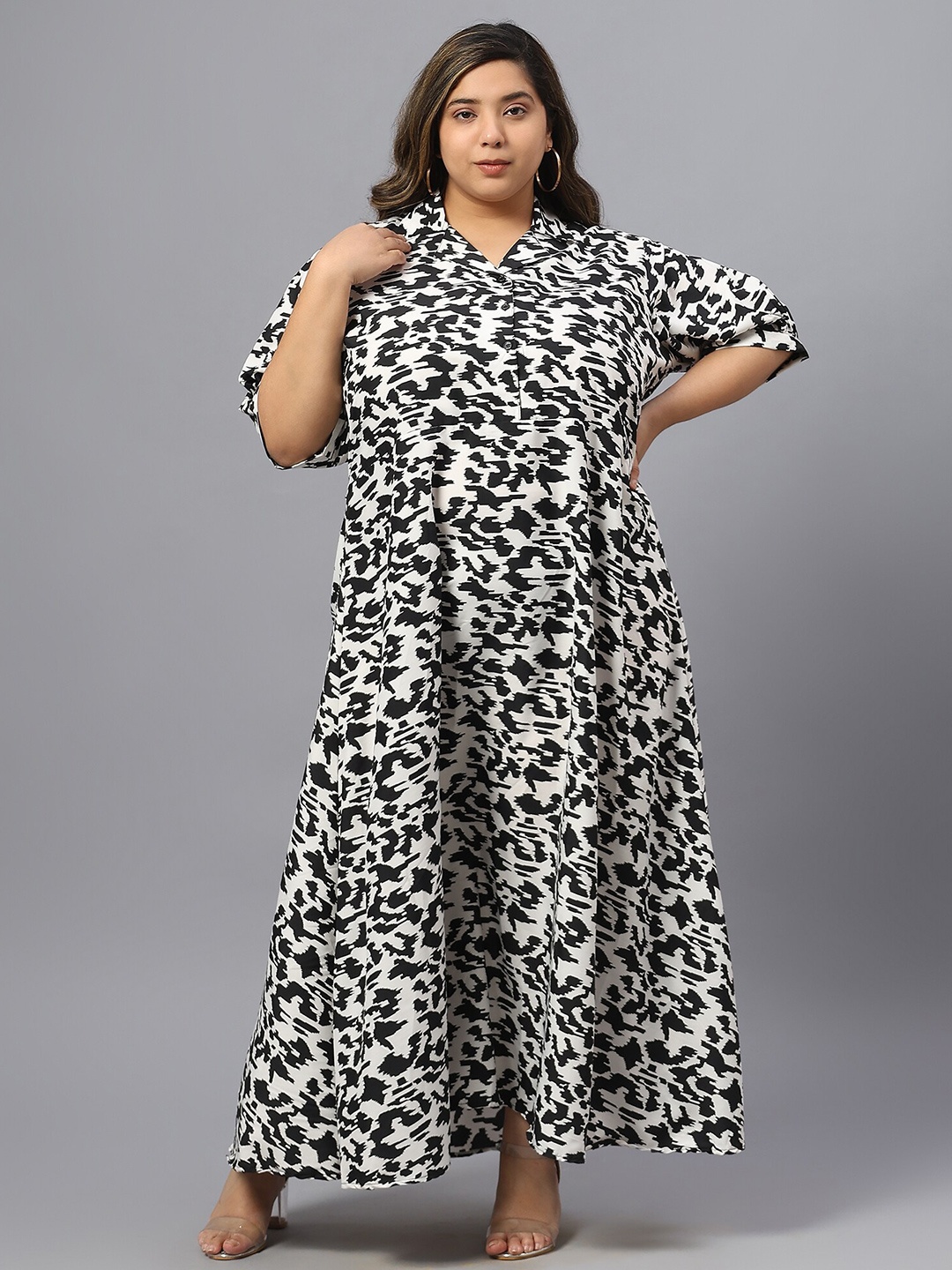 Indietoga Plus Size Animal Print Fit & Flare Long Maxi Dress, Black