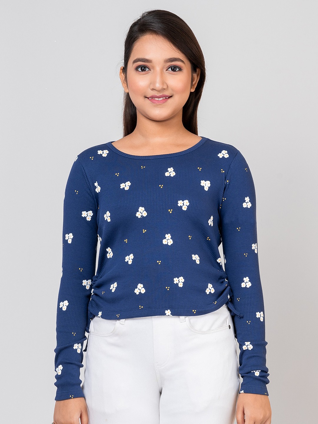 

BAESD Girls Floral Printed Round Neck Opaque Regular Dress, Navy blue