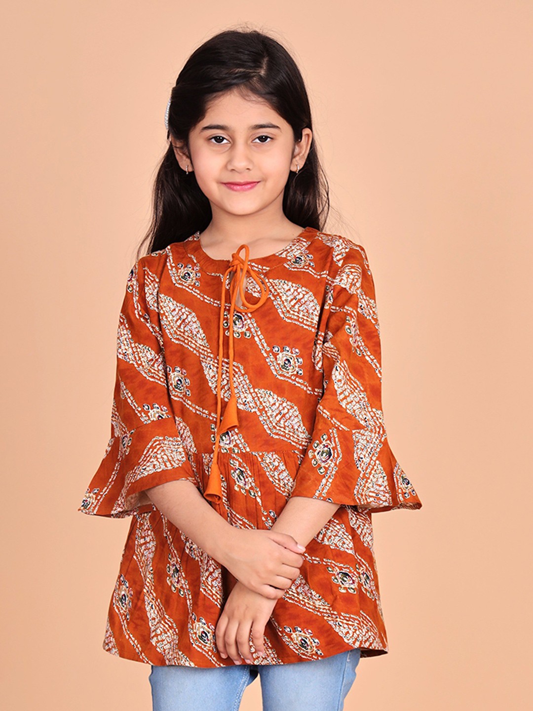 

misbis Girls Floral Printed Fringed Top, Brown