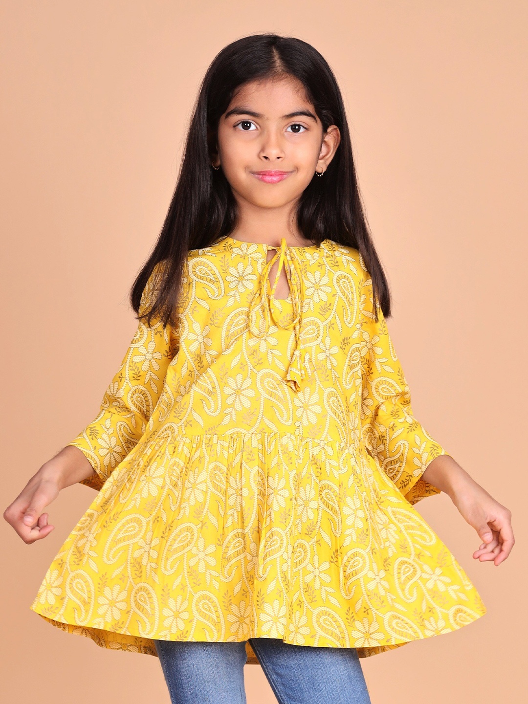 

misbis Floral Print Tie-Up Neck Three-Quarter Bell Sleeves Fringed Top, Yellow