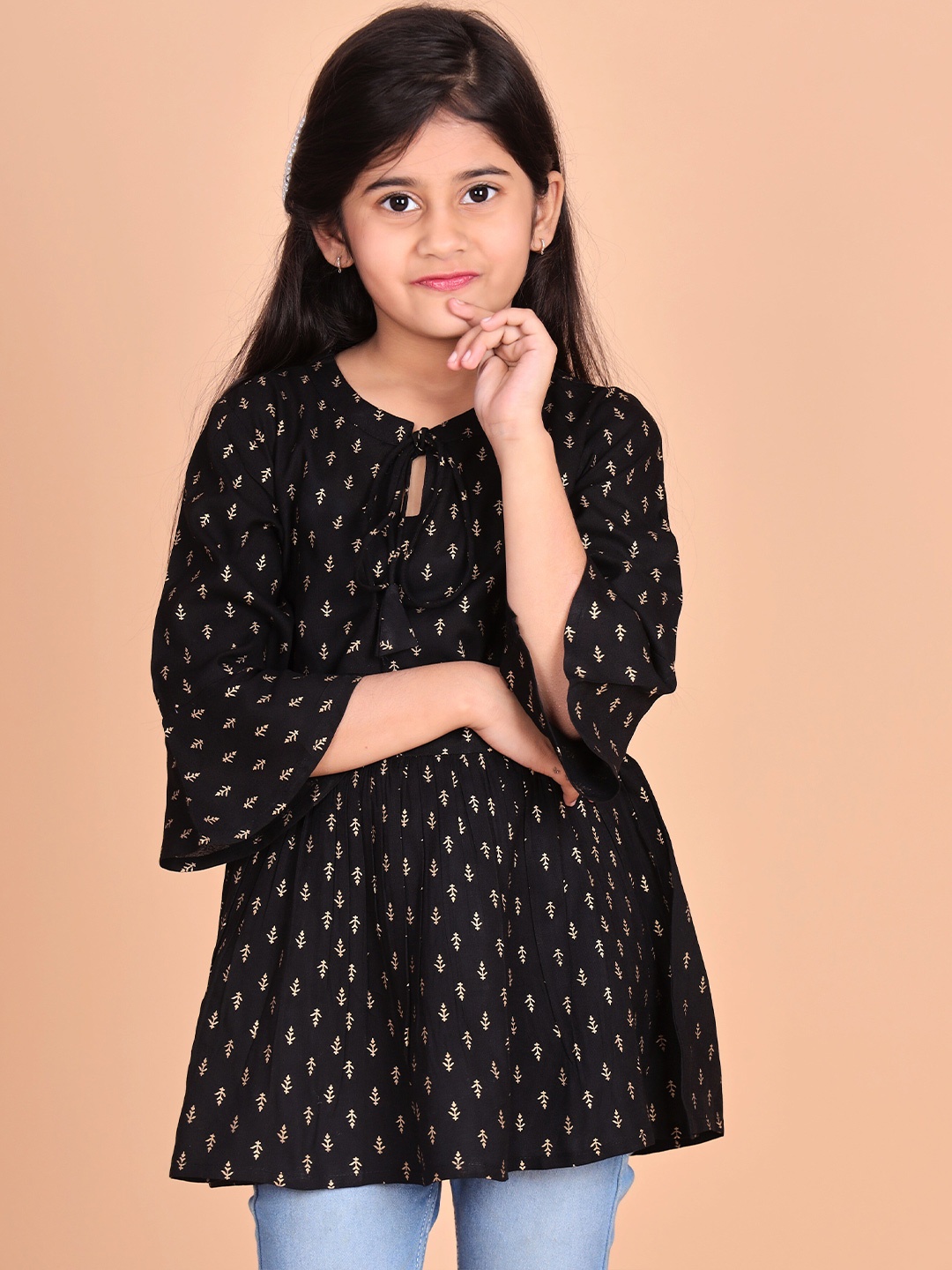 

misbis Girls Ethnic Motif Printed Tie-Up Neck Three-Quarter Bell Sleeves Bell Rayon Top, Black