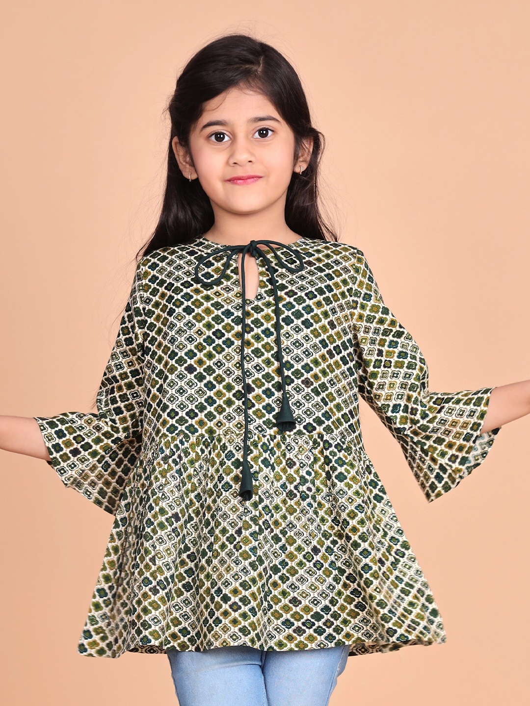 

misbis Girls Floral Printed Fringed Top, Green