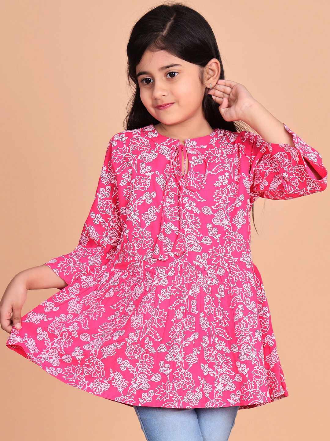 

misbis Girls Floral Print Bell Sleeves Fringed Peplum Top, Pink