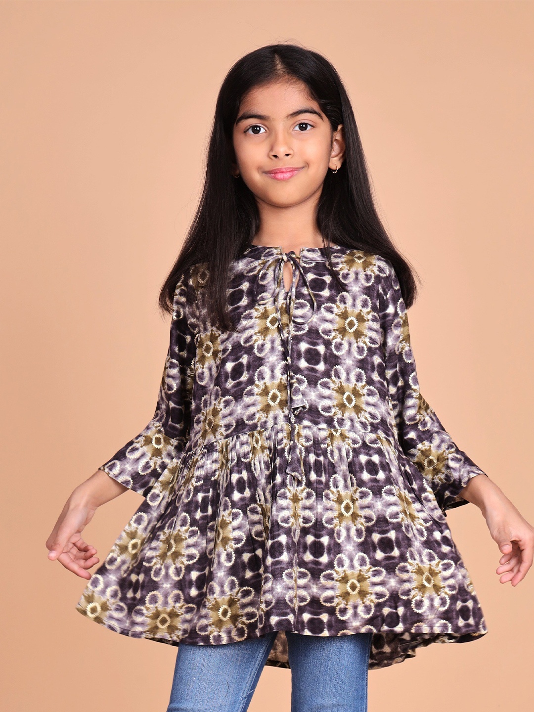 

misbis Floral Print Tie-Up Neck Three-Quarter Bell Sleeves Fringed Top, Purple