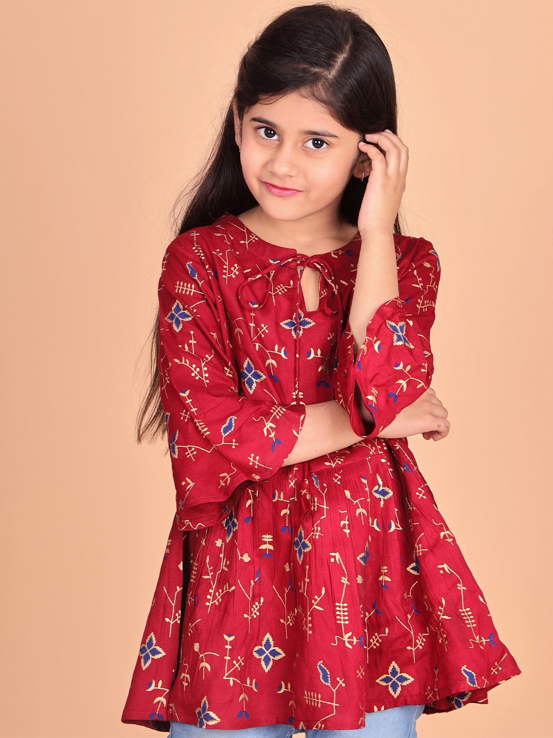 

misbis Floral Print Tie-Up Neck Three-Quarter Bell Sleeves Fringed Top, Red