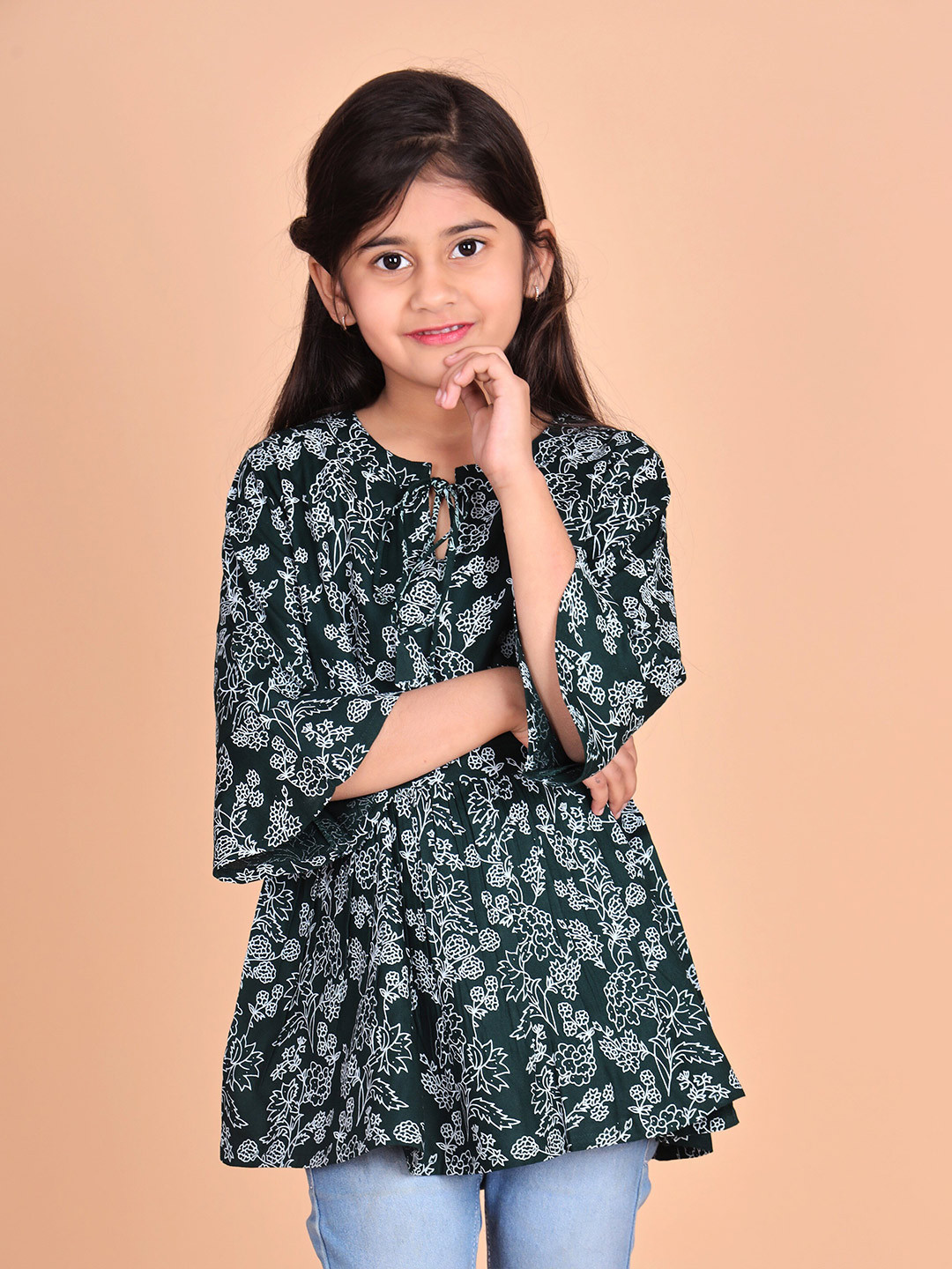 

misbis Floral Print Tie-Up Neck Three-Quarter Bell Sleeves Fringed Top, Green