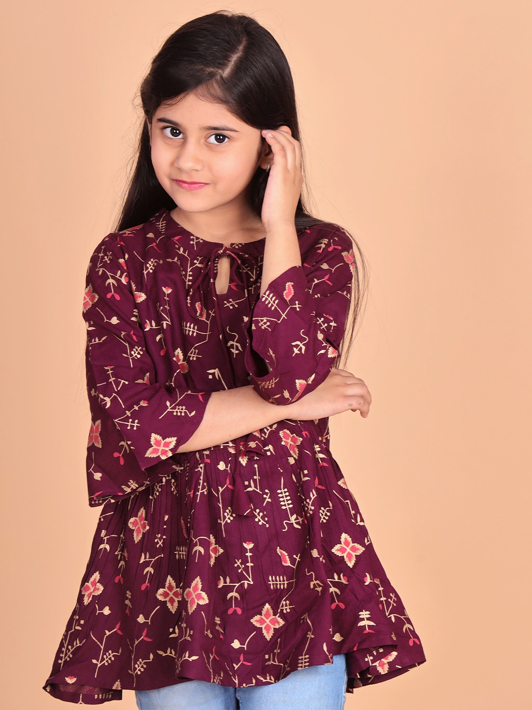 

misbis Floral Printed Three-Quarter Bell Sleeves Keyhole Neck Rayon Top, Purple