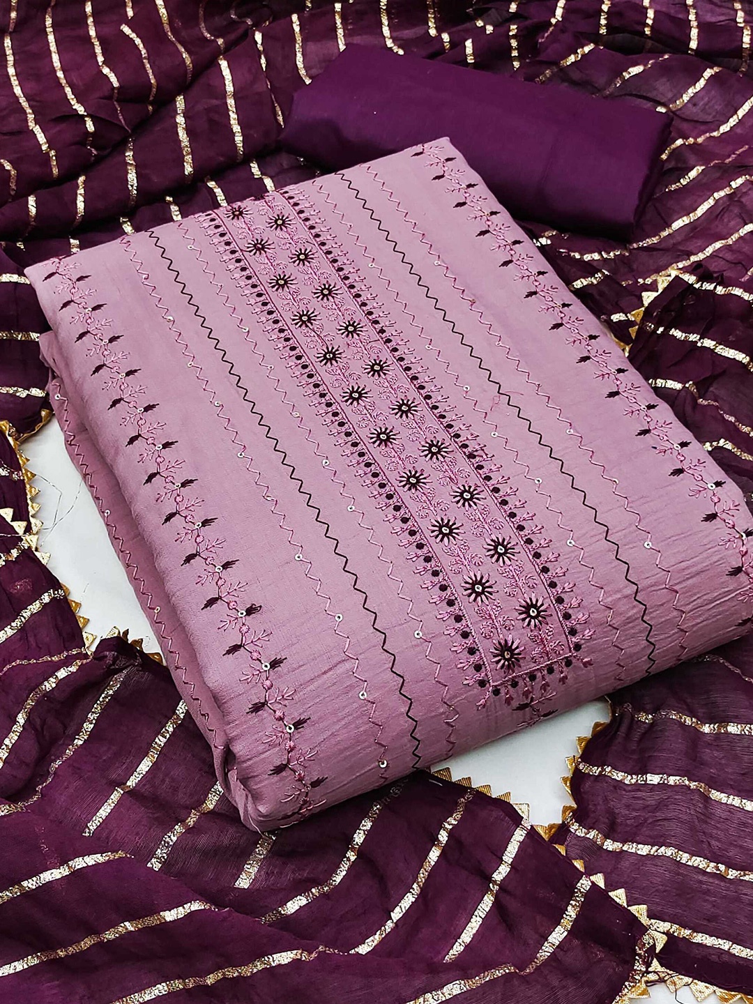 

Panzora Ethnic Motifs Embroidered Unstitched Dress Material, Lavender
