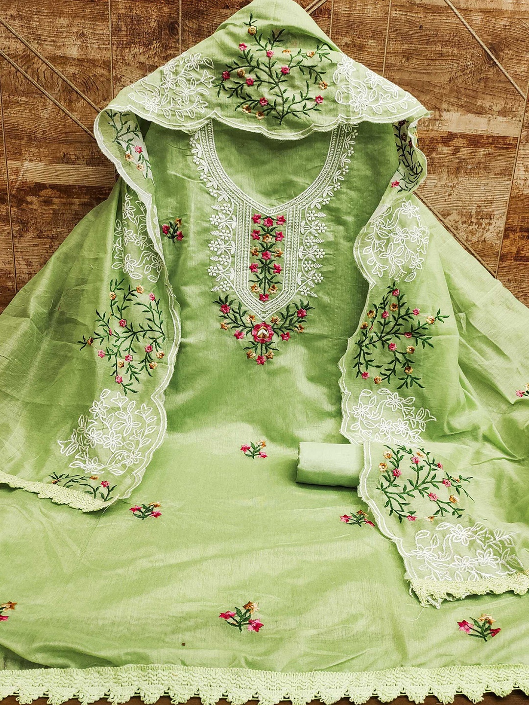 

Panzora Floral Embroidered Unstitched Dress Material, Green