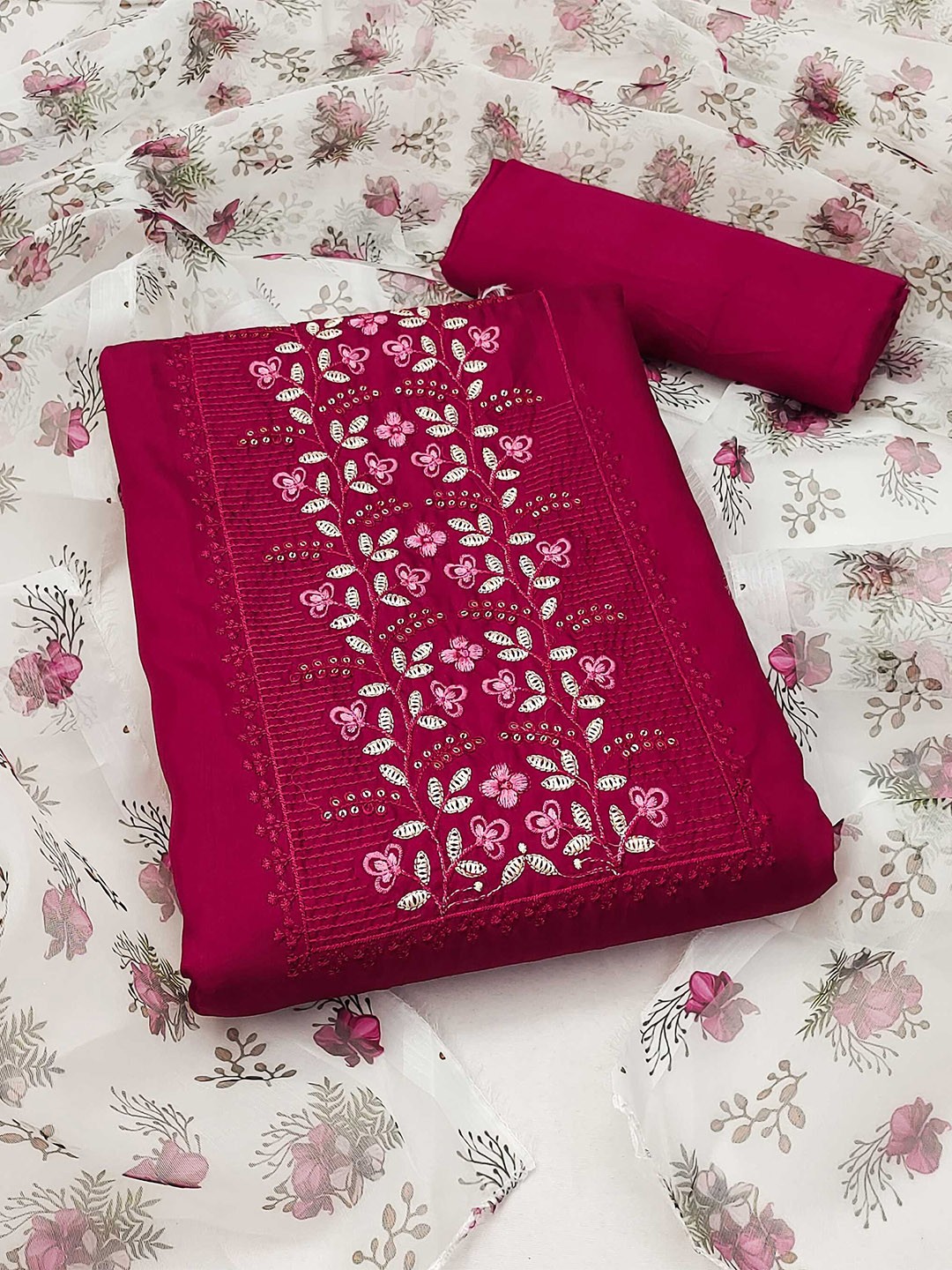 

Panzora Ethnic Motifs Embroidered Unstitched Dress Material, Pink