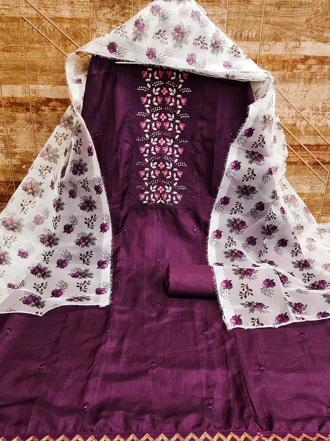 

Panzora Floral Embroidered Unstitched Dress Material, Purple