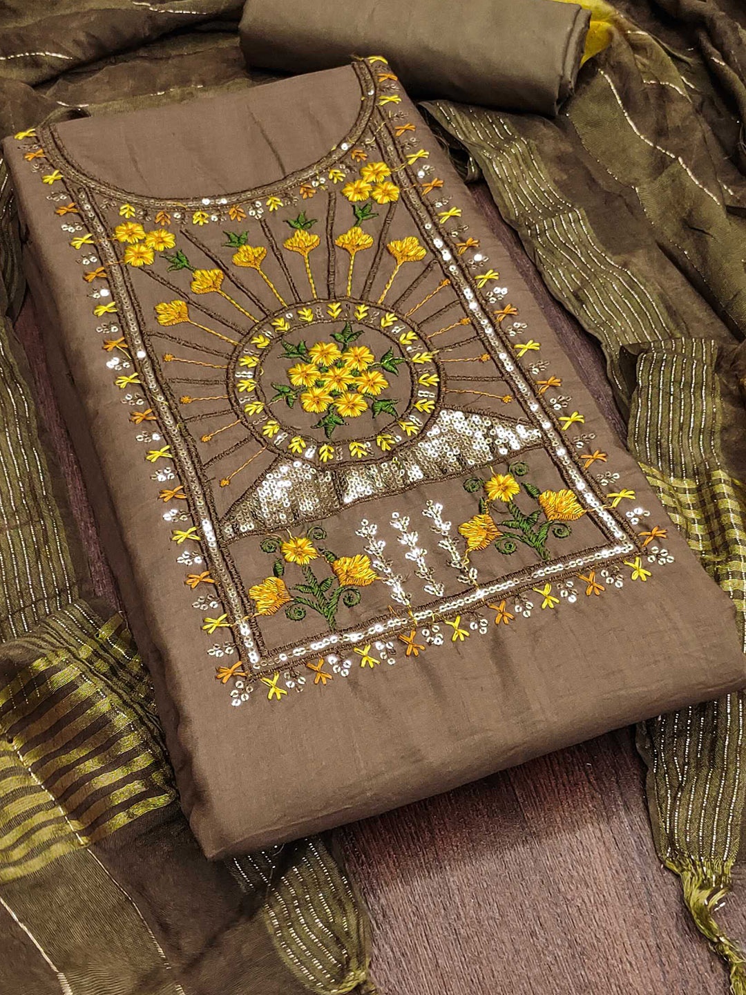 

Panzora Floral Embroidered Sequinned Unstitched Dress Material, Brown