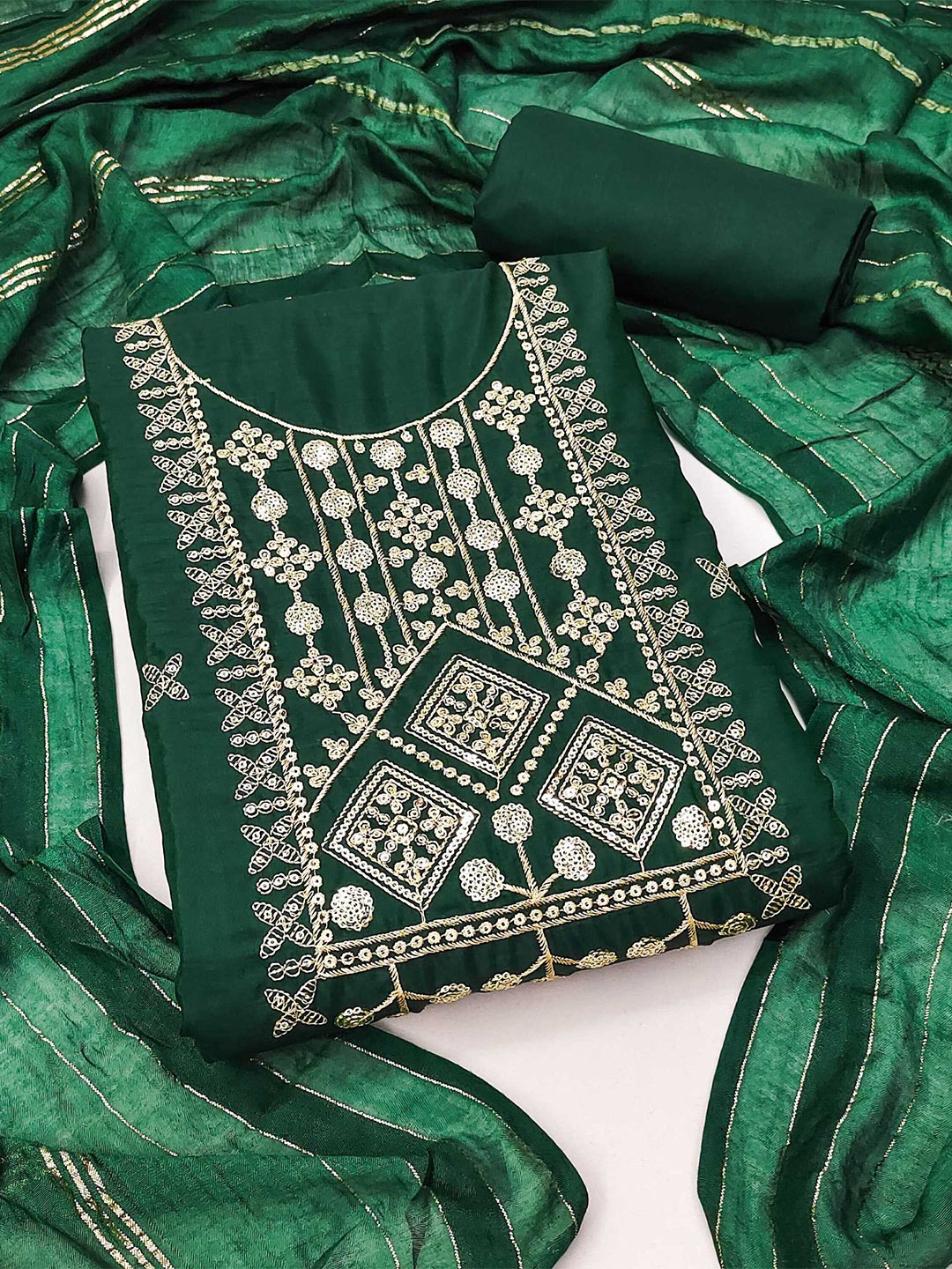 

Panzora Ethnic Motifs Embroidered Unstitched Dress Material, Green