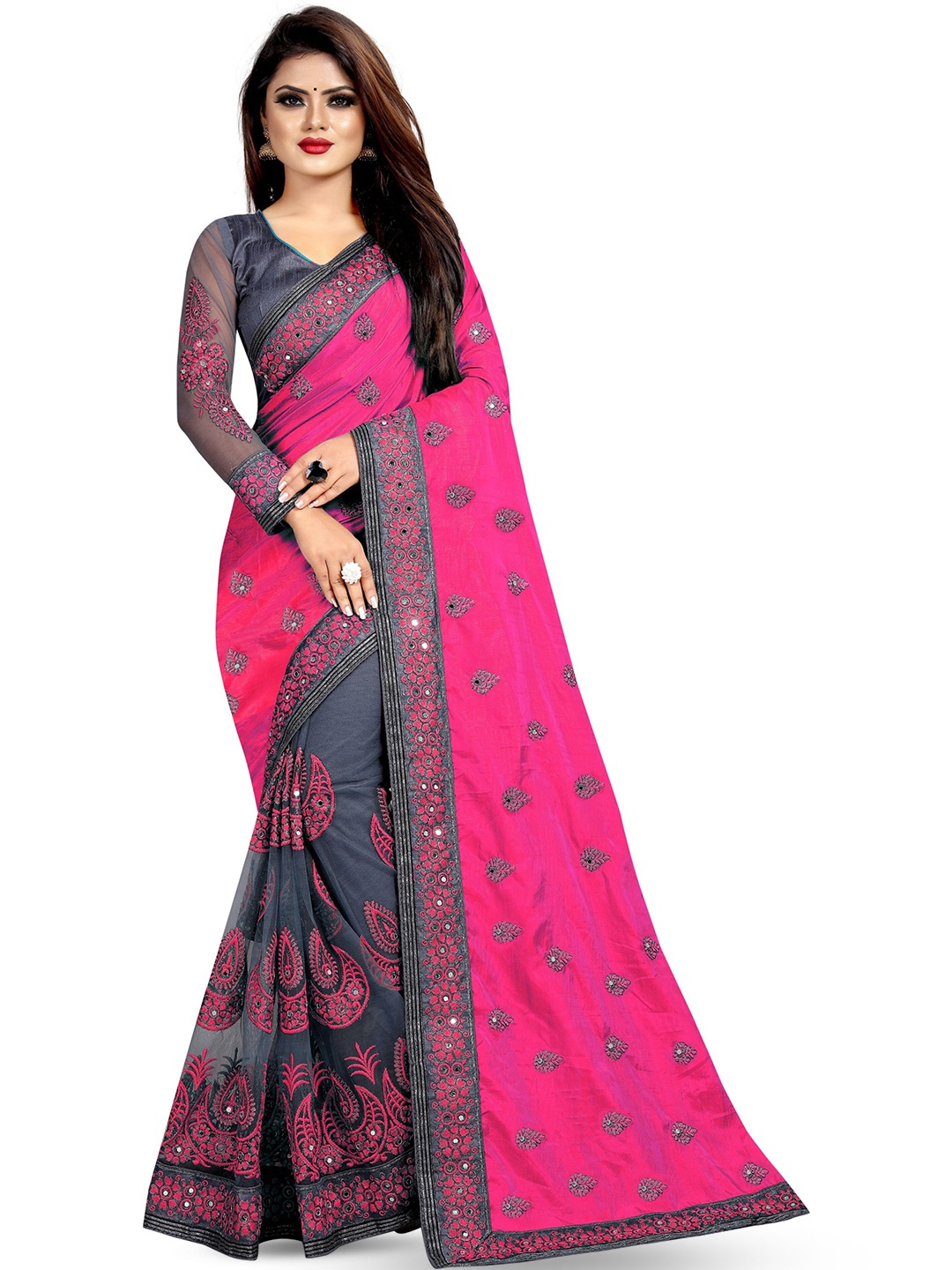 

AB YOUNG Ethnic Motifs Embroidered Mirror Work Half and Half Net Saree, Pink