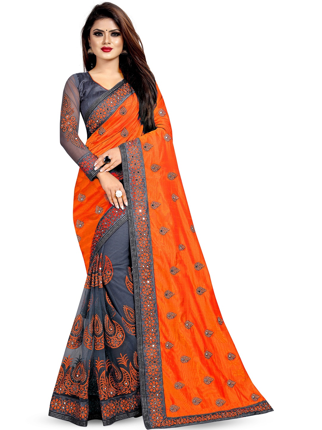 

AB YOUNG Ethnic Motifs Embroidered Mirror Work Half and Half Net Saree, Orange