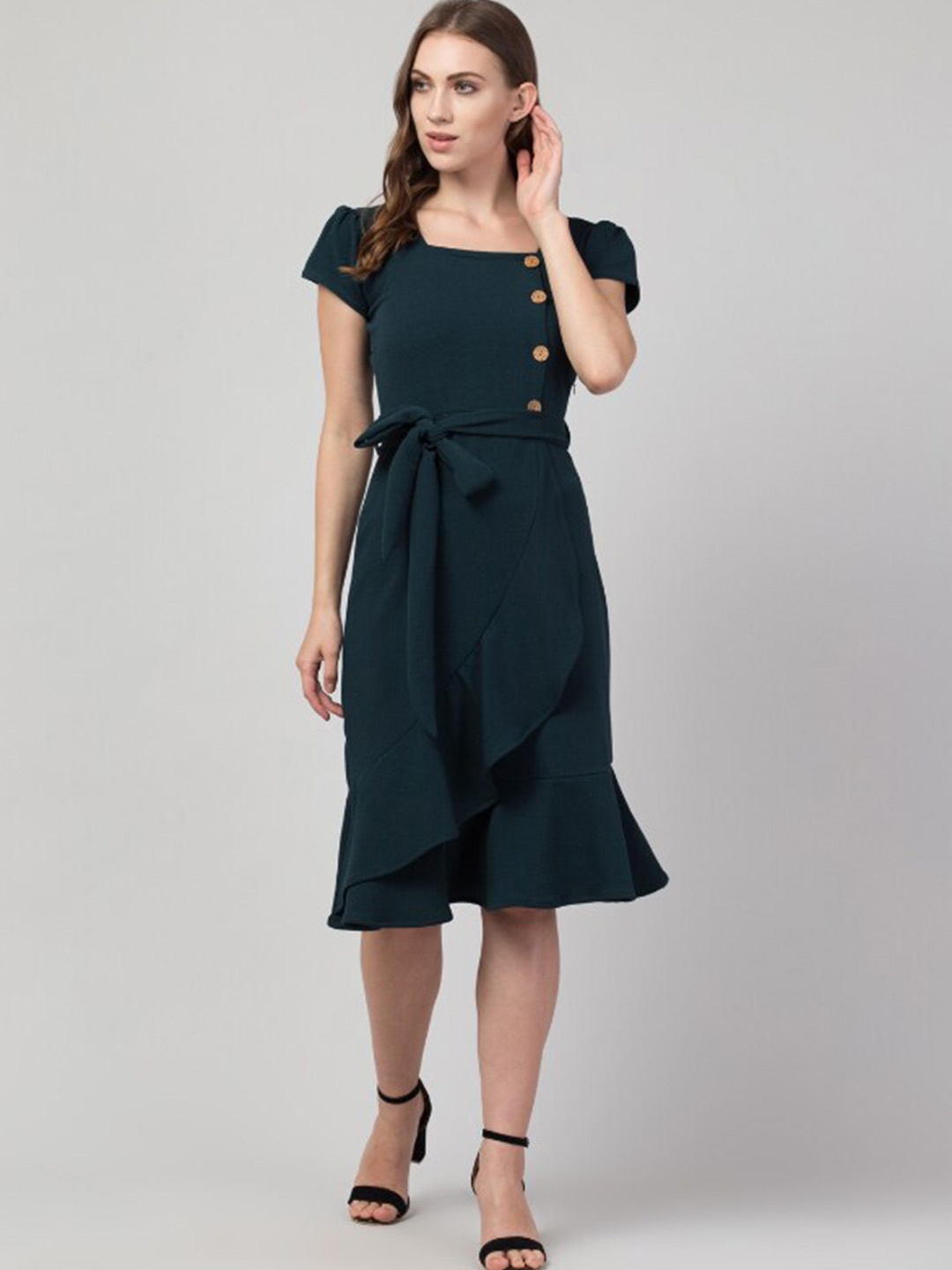 

Moshe Square Neck Sheath Midi Cotton Dress, Green