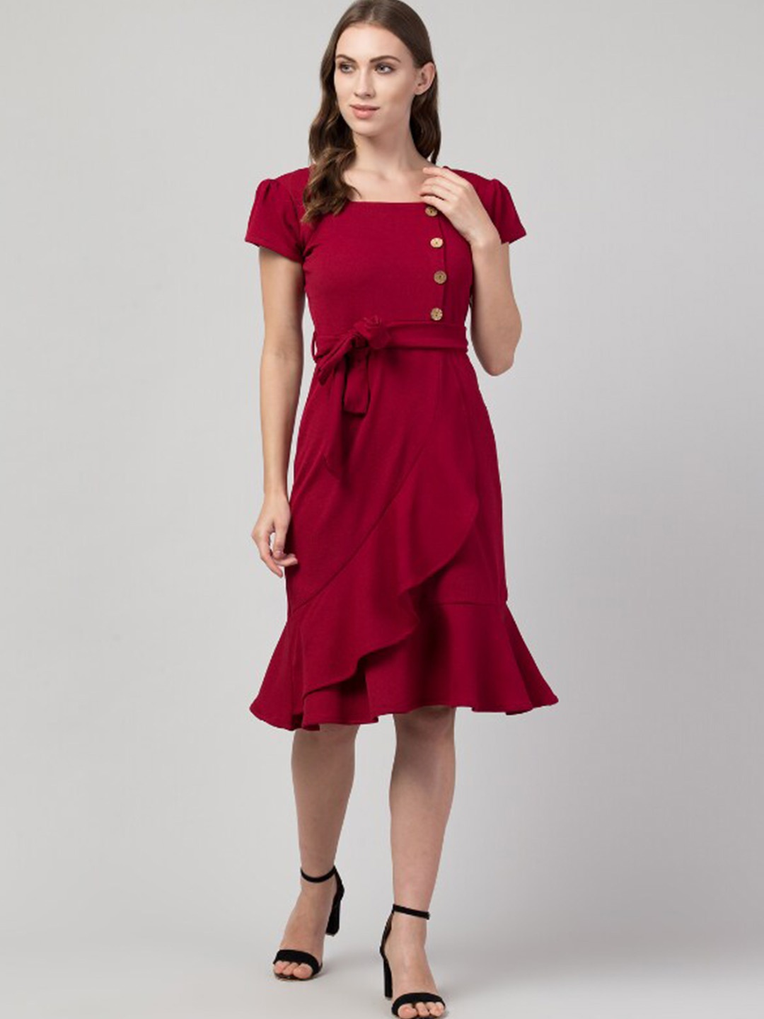 

Moshe Square Neck Sheath Midi Cotton Dress, Maroon