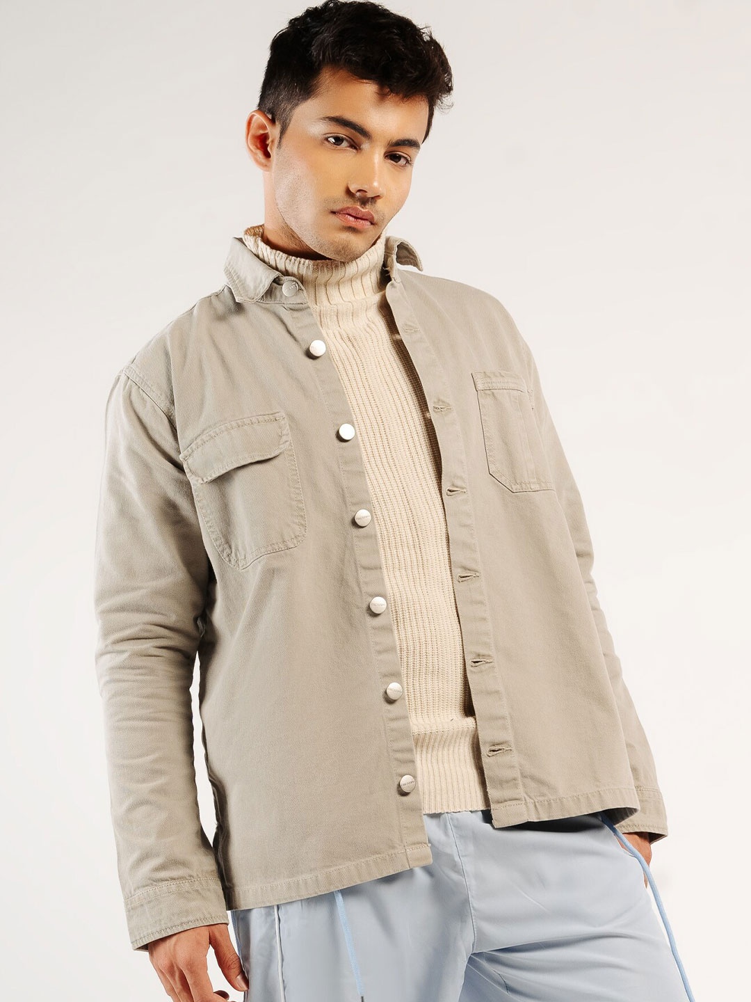 

FREAKINS Beige Spread Collar Pure Cotton Casual Shacket
