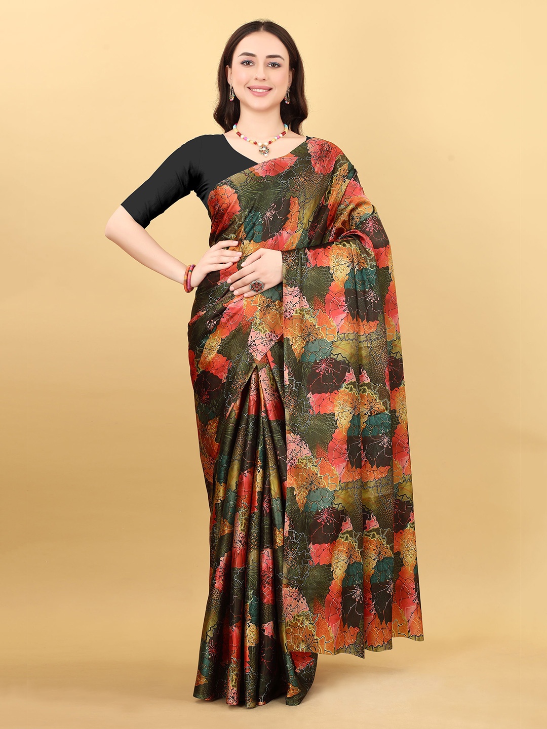 

V3 FASHION STUDIO Floral Printed Satin Banarasi Saree, Red