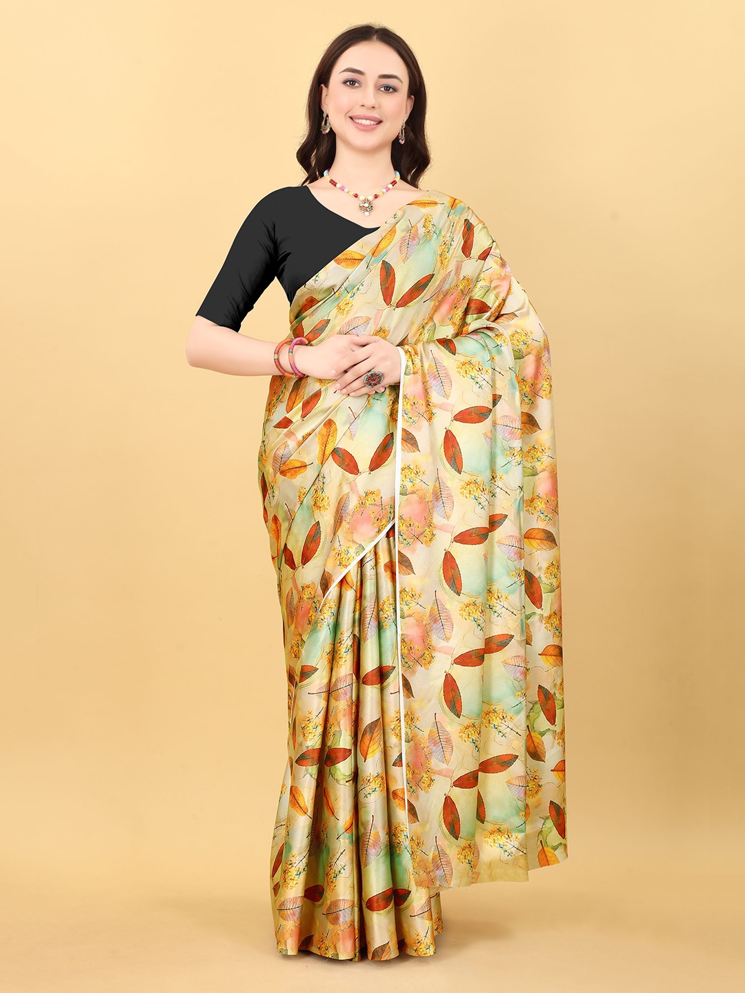 

V3 FASHION STUDIO Floral Printed Satin Banarasi Saree, Cream