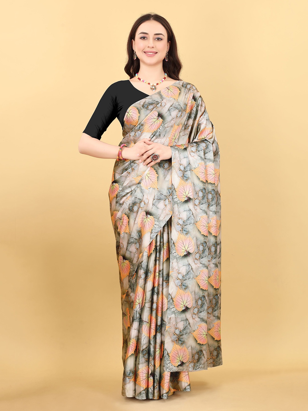 

V3 FASHION STUDIO Floral Printed Satin Banarasi Saree, Grey