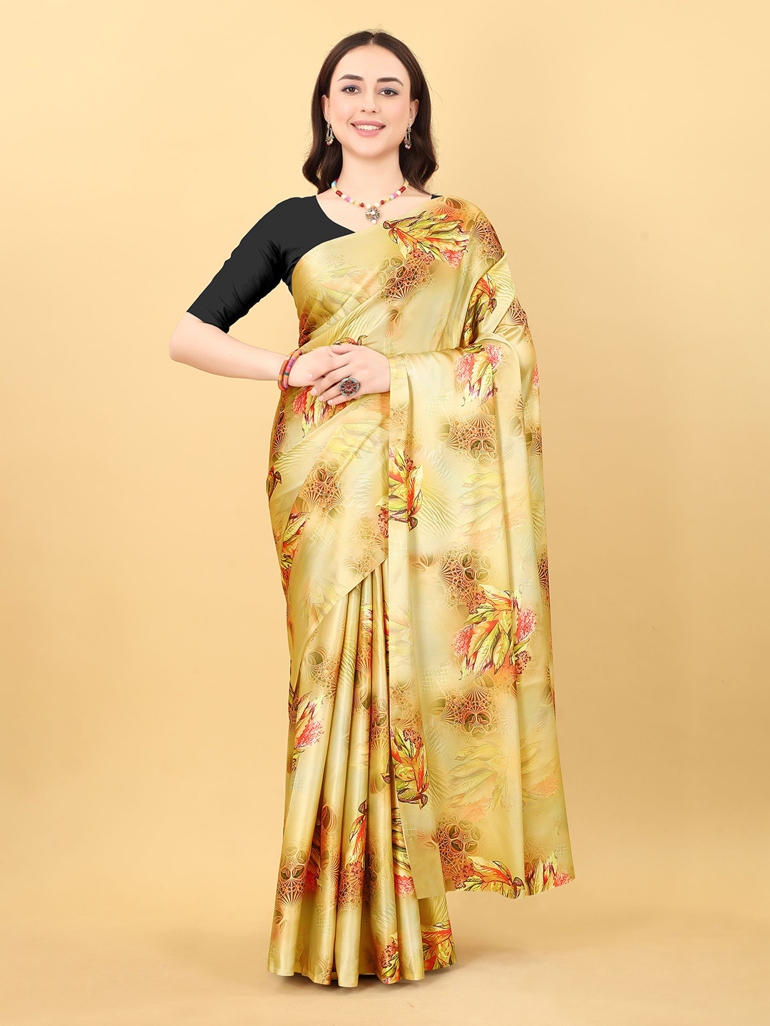 

V3 FASHION STUDIO Floral Printed Satin Banarasi Saree, Yellow