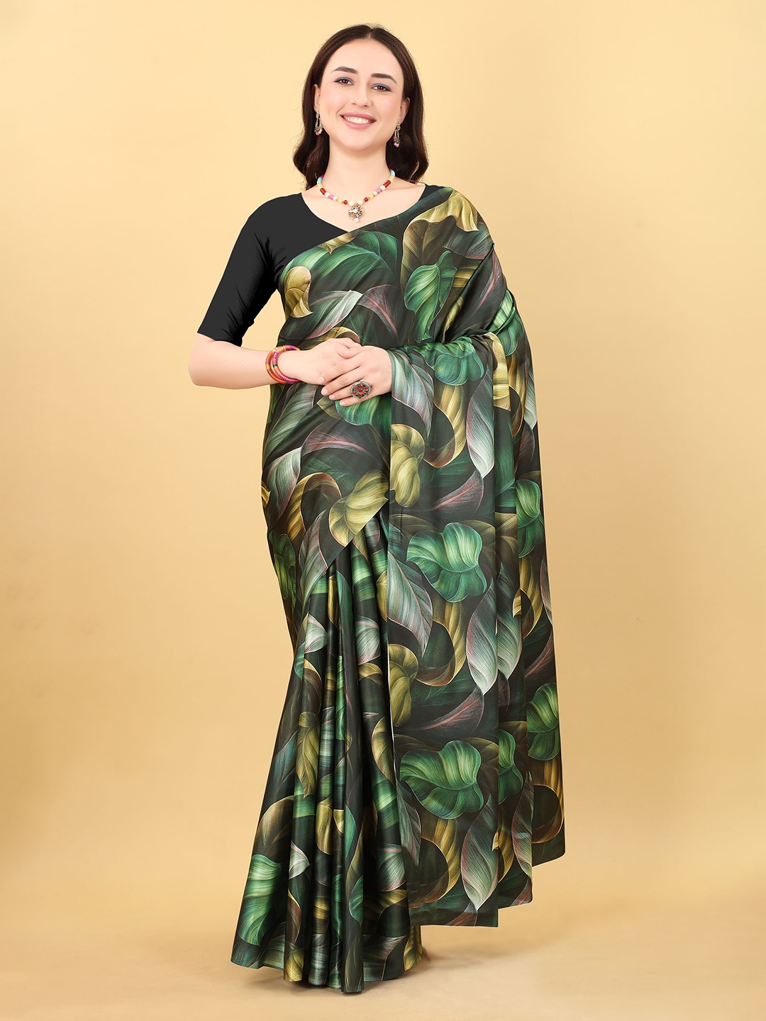 

V3 FASHION STUDIO Floral Printed Satin Banarasi Saree, Black
