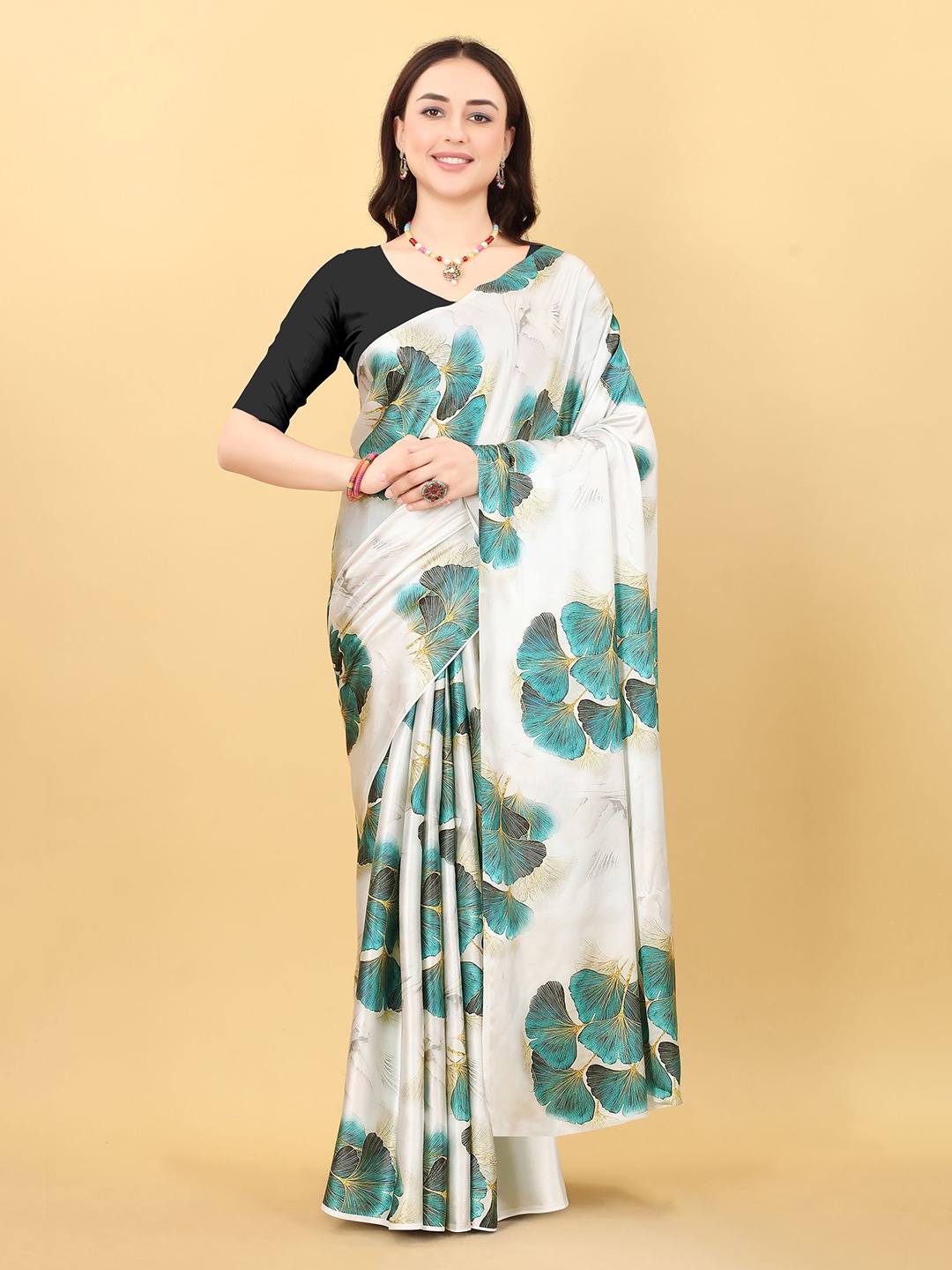 

V3 FASHION STUDIO Floral Printed Satin Banarasi Saree, Off white
