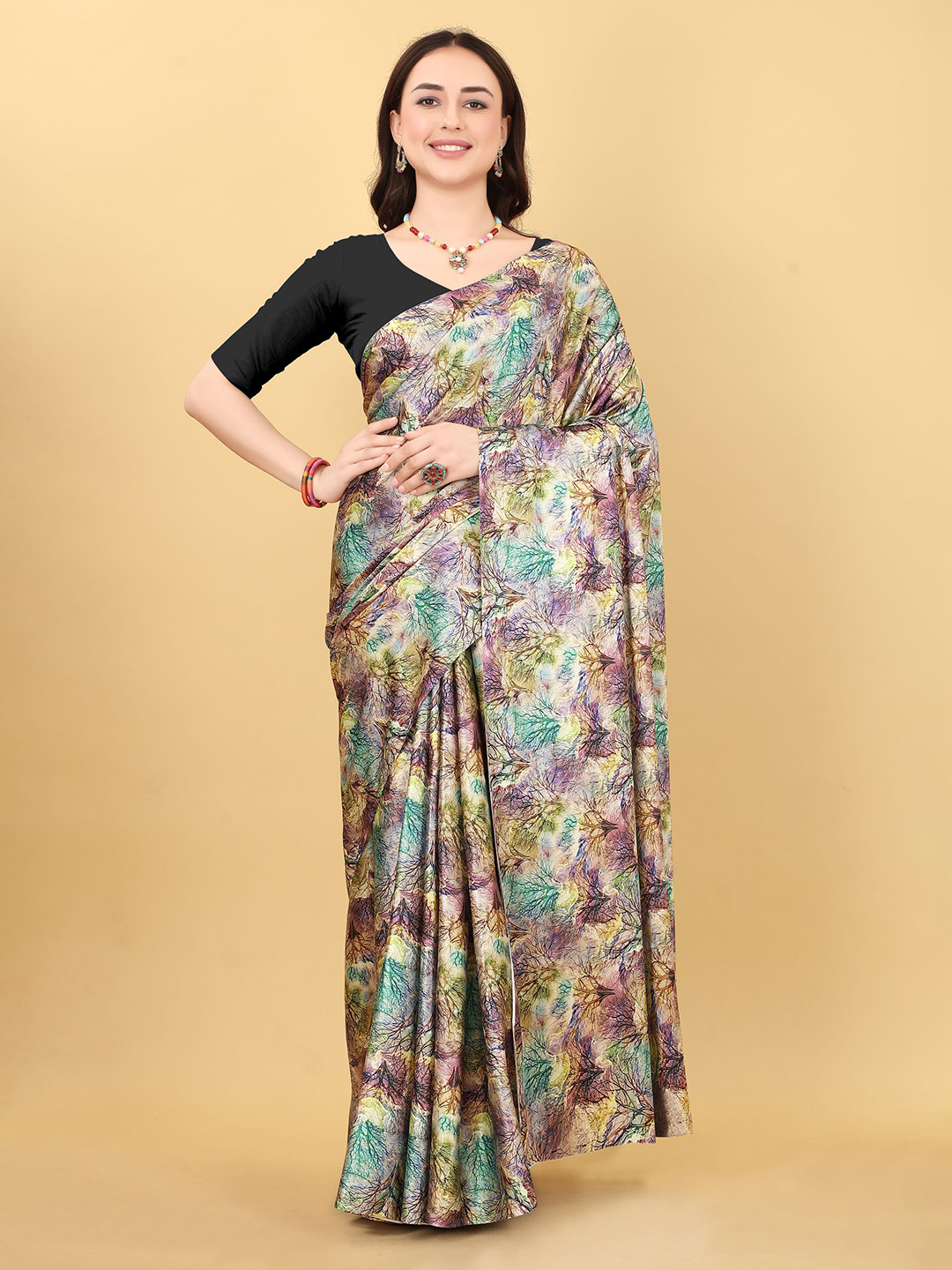

V3 FASHION STUDIO Floral Printed Satin Banarasi Saree, Purple