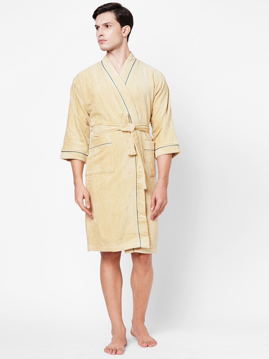 

SPACES Beige & Teal Men Pure Cotton Bath Robe